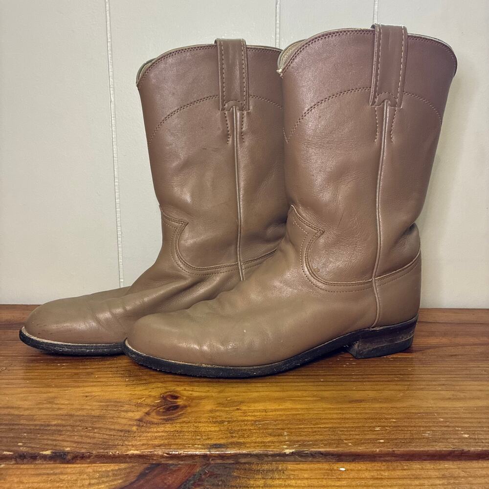 Vintage Justin Beige Leather Roper Cowboy Western Boots Women's 7B Retro